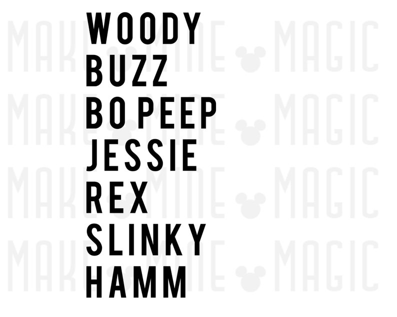 K&ouml;nnte beinhalten: Schwarzwei&szlig;er Text auf wei&szlig;em Hintergrund mit den Namen der Figuren aus der Toy Story-Reihe: Woody, Buzz, Bo Peep, Jessie, Rex, Slinky und Hamm.