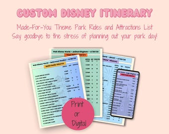 Personalized Custom Disneyworld Itinerary, Made For You, Theme Park Checklist, WDW Check List, Rides and Attractions List, Park Planner