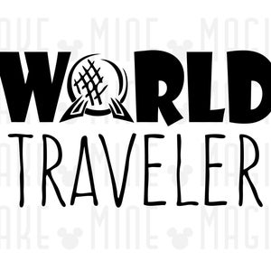 May include: Black and white graphic design with the text "WORLD TRAVELER" and a stylized image of the Spaceship Earth ride at Epcot.