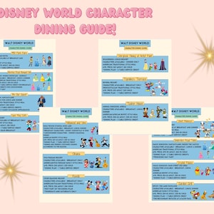 May include: A guide to character dining experiences at Walt Disney World. The guide lists various restaurants, characters available, meal types, and average prices. The guide is organized by park and includes images of popular Disney characters.