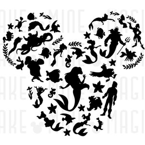 Tête de Mickey de petite sirène, conception de PNG SVG, Images clipart téléchargement numérique coupe Cricut, idée de conception de chemise de vacances en famille