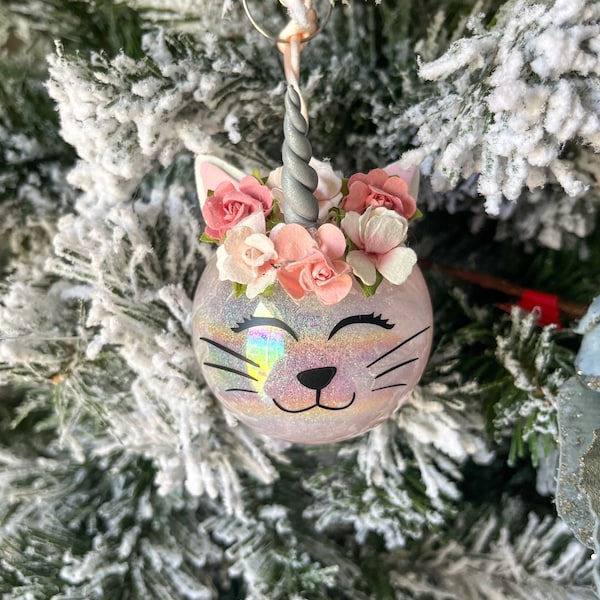 Handmade Kittycorn Caticorn Christmas Tree Ornament with Pink Flower Crown with Personalization - Christmas Tree Decor - Little Girl
