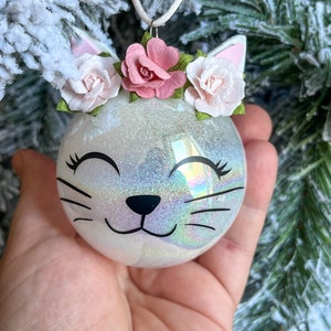 Personalized Kitty Cat Christmas Ornament with Pink Flower Crown - Cat Christmas Tree Decor -Personalized Ornaments