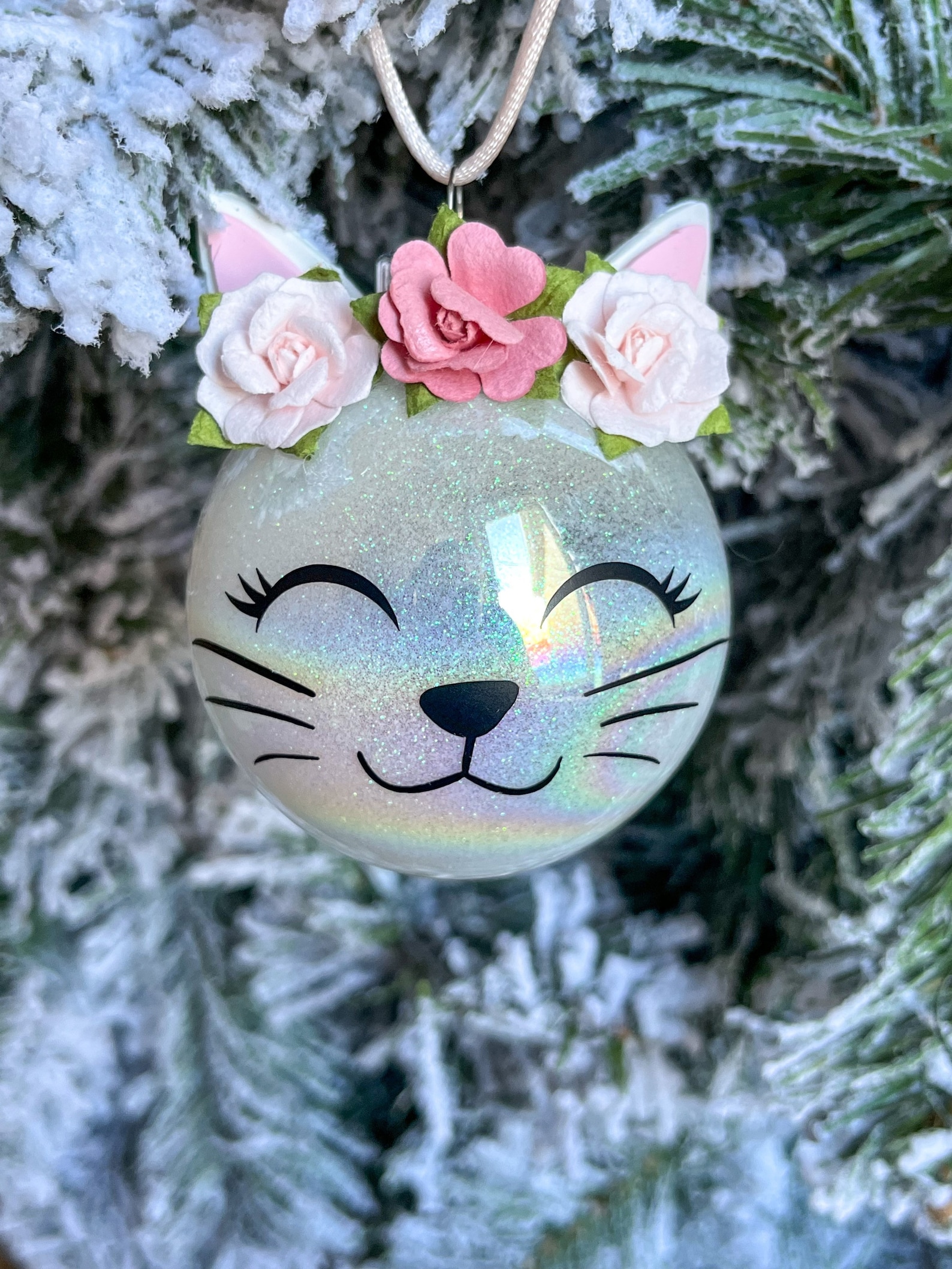 Handmade Kitty Cat Christmas Tree Ornament With Pink Flower Etsy