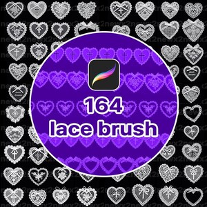May include: Digital art graphic showcasing 164 lace brush designs in a heart shape. The image has a purple circular background with the text "164 lace brush". The hearts are white and feature various lace patterns, crosses, and bows.