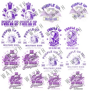 May include: Purple and white graphic design with the text "Purple Up For Military Kids" and "In April We Wear Purple!"  The design features an eagle, stars, and a chequered pattern.