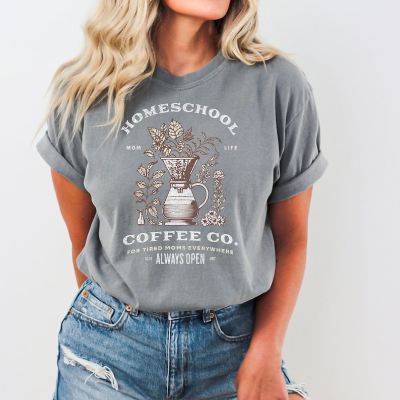 homeschool coffee co. mom life shirt homeschool mom png design with coffee leaves and a French press