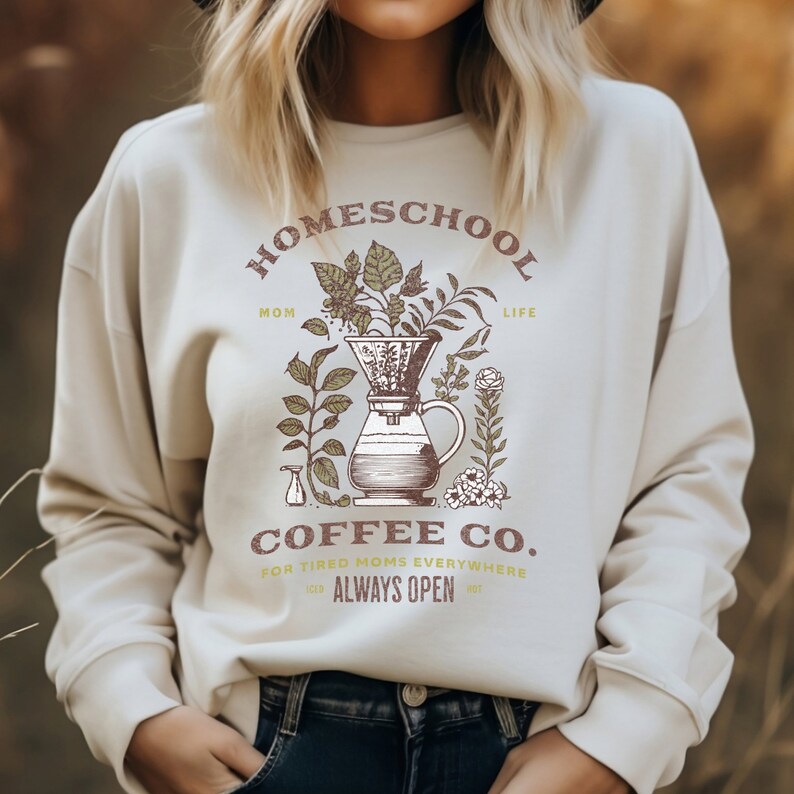 homeschool coffee co. mom life shirt homeschool mom png design with coffee leaves and a French press