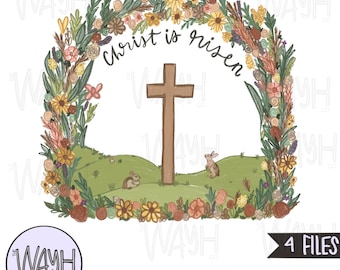 Christ is Risen Easter PNG: Floral Cross, Hand-Drawn Design (Digital Download)