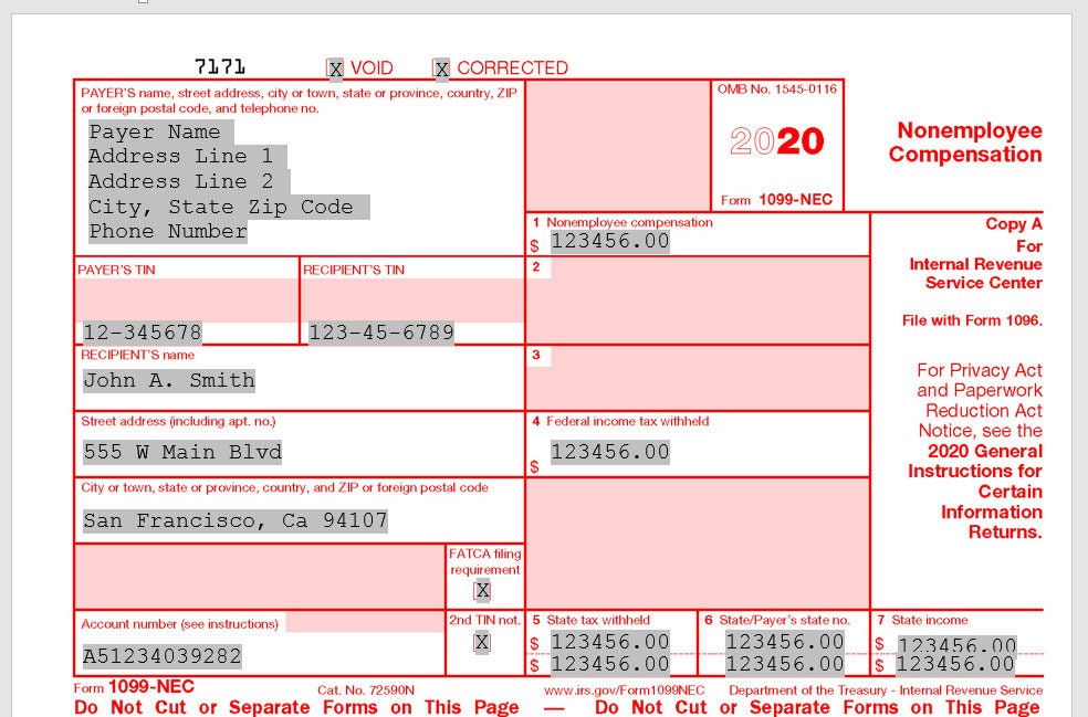 2020 1099NEC Form Print Template for Word or PDF 1096 Transmittal 2020 1099NEC Form Print Template for Word or PDF 1096 Transmittal