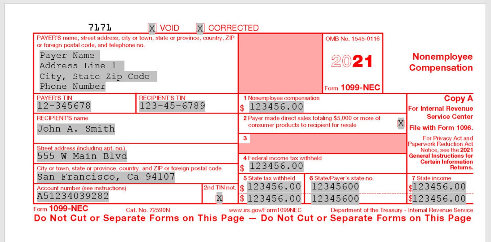 1099 NEC Form Print Template For Word Or PDF 2021 Tax Year 1096 