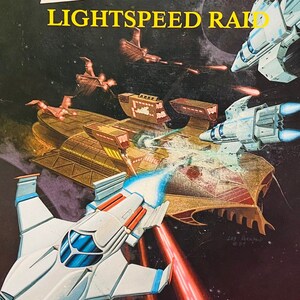 May include: A blue and white book cover with the title "Star Ace Lightspeed Raid" in white text. The cover features a spaceship flying through space with a red and orange laser beam. The book is by Mark Acres and is a "PaceSetter" adventure.