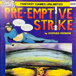 May include: A comic book cover with a purple background and the title "Pre-Emptive Strike" in large white letters. The cover features a woman in a blue and white outfit lying on a large, gray, circular object. A missile is flying towards the object, and a mushroom cloud is visible in the background.