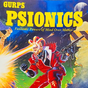 May include: A book cover for a GURPS PSIONICS role-playing game book. The cover features a red-clad character with a glowing energy beam, a futuristic weapon, and a warning sign that reads "TERMINATION ZONE".