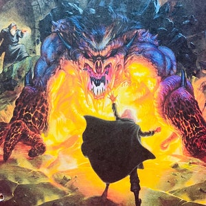 May include: A fantasy illustration depicting a wizard casting a spell against a large, fiery, purple demon with glowing red eyes. The wizard is wearing a black cloak and holding a staff. The demon is surrounded by flames and smoke.