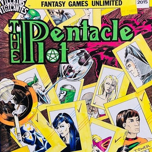 May include: A comic book cover featuring a green pentagram and the title "The Pentacle Plot" with a yellow background. The cover features a hand holding a pen over a series of yellow picture frames with characters from the comic book.