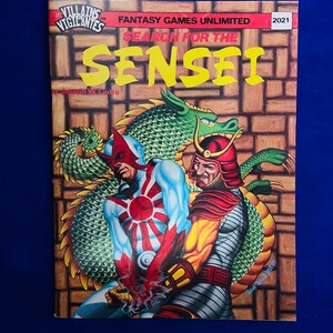 May include: A comic book cover featuring two characters, one in a red and white costume and the other in a blue and white costume, fighting in front of a green dragon. The title of the comic is "Search for the Sensei" and the publisher is "Fantasy Games Unlimited".