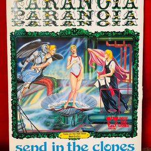 May include: A vintage game cover with a green border and the title "PARANOIA" in large, bold letters. The cover features a colorful illustration of three figures in a futuristic setting. The text "send in the clones" is printed below the title. The game is described as "A Classical Adventure by ALLEN VARNEY and WARREN SPECTOR".