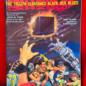 May include: A vintage paperback book cover for a science fiction adventure game called "The Yellow Clearance Black Box Blues". The cover features a black box with a glowing orange background, a robotic arm reaching out, and a group of characters in futuristic attire.
