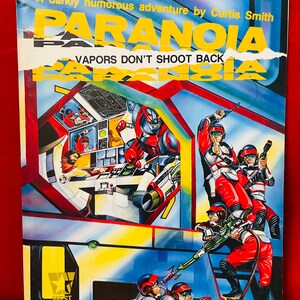 May include: A vintage book cover for "PARANOIA" by Curtis Smith, featuring a futuristic sci-fi illustration. The cover displays the title in large yellow letters, with the tagline "VAPORS DON'T SHOOT BACK." The artwork depicts figures in red and white suits with weapons.