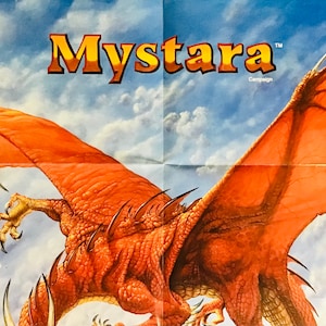 May include: A red dragon with large wings flies over a stone building. The dragon's claws are extended and its mouth is open. The text "Mystara™ Campaign" is in the upper right corner of the image.