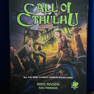 May include: A green and black box with the text "Call of Cthulhu Starter Set" on the front. The box features an illustration of a spooky house with three people standing in front of it. The text "All you need to enjoy horror roleplaying" is below the illustration. The text "Mike Mason and Friends" is below that. The box has a small logo in the bottom right corner that says "Chaosium Inc."