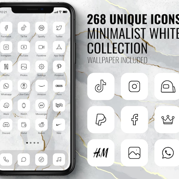 Aesthetic iOS 16 Icons | Minimalist White Icons for iOS 16 | iPhone Icons Black and White | iOS App Icons White | Marble Wallpaper Included