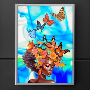 バタフライアフロアート、アフロフューチャリスティックアート、黒人歴史アート、黒人少女アート、アフリカンアート、アフリカンデジタルプリント