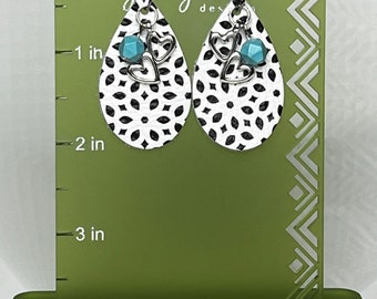 White & black leather teardrop earrings with silver and turquoise accents