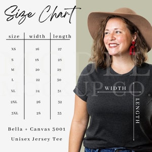 Bella Canvas 3001 Size Chart Mockup Camiseta, Tabla de tallas de camisetas, Guía de tallas Bella, Tabla de tallas unisex, Tabla de tallas Bella Canvas, Tabla de tallas