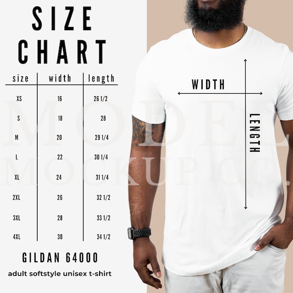Gildan 64000 Size Chart, T-shirt Size Chart, Gildan 64000 Adult Softstyle Unisex T-Shirt, Gildan Size Guide, Mockup Size Chart US and Metric