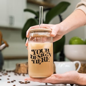 16oz Glass Can Mockup, 16oz Libbey Glass Mockup, 16 oz Glass Beer Can Mockup, Glass Can Mockup, 16oz Glass Can Bamboo Lid, Coffee Cup Mockup