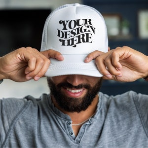 White Foam Trucker Hat Mockup, Mens Cap Mock up, All White Baseball Hat Mockup, Male Cap Mock Up, Mesh Trucker Cap Mockup Hat Fathers Day