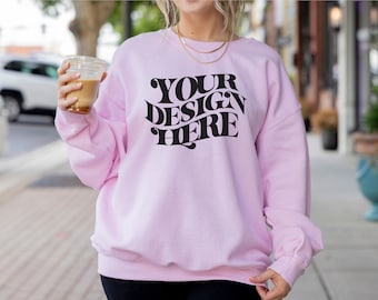 Light Pink Gildan 18000 Sweatshirt Model Mockup (JPEG) Digital Download, Canva Compatible