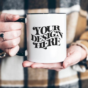 White Mug with Black Handle, Two Toned Mug Mockup, 11 oz Blank Mug, Coffee Mug Mock Up, Mug Mockups, POD Ceramic Cup White Cup Mock Up 11 oz