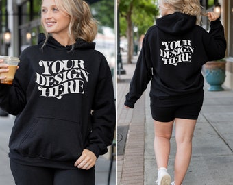 Maqueta de sudadera con capucha Gildan 18500 negra: Modelo frontal y posterior, JPEG, compatible con Canva, descarga digital