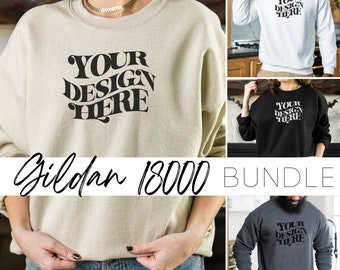 Pacote de mockups de moletom Gildan 18000: areia, branco, preto, compatível com Canva, JPEG (download digital)