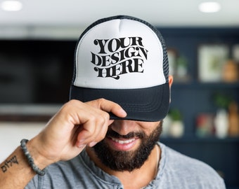 Maqueta de sombrero de camionero de espuma negra, maqueta de gorra para hombre, maqueta de sombrero de béisbol blanco y negro, maqueta de gorra masculina, maqueta de gorra de camionero de malla