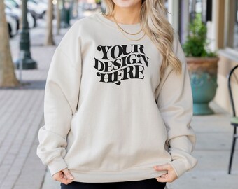 Sand Gildan 18000 Crewneck Sweatshirt Mockup, Digital Download, JPEG, Canva Compatible