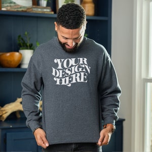Gildan 18000 Mockup Heather Sport Dark Navy, Male Model Mockup, Gildan 18000 Mockup Men, Sweatshirt Mockup, Gildan 1800 Mens Mock Up