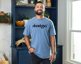 Maqueta de camiseta Blue Jean Comfort Colors 1717: modelo masculino, jpeg, descarga digital, compatible con Canva