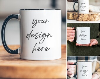 11 Unzen Tasse mit schwarzem Griff Mockup: Zweifarbige Keramik, Canva-kompatibel, digitaler Download (JPEG)