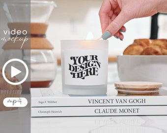 Video de maqueta de vela de soja de vidrio esmerilado: tapa de madera de 11 oz, mp4, descarga digital, compatible con Canva