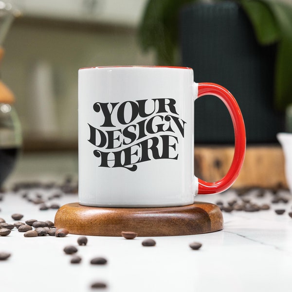 Two Tone Mug Mockup, Red Handle Mug Mockup, 11 oz Two Tone Mugs Mockup, Mug Mock up, Red Accent 11 oz Mug Mockup Red Coffee Mug Mockups, POD