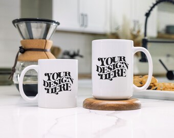 Two Mug Mockup: 11oz & 15oz White Coffee Cup, JPG Digital Download, Canva Compatible