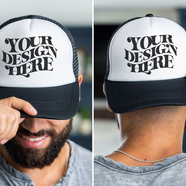 Black Foam Trucker Hat Mockup, Mens Cap Mock up, Black and White Baseball Hat Mockup, Male Cap Mock Up, Mesh Trucker Cap Mockup Hat Mock