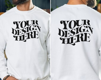 Maqueta de sudadera blanca Gildan 18000: parte delantera y trasera, modelo masculino, jpeg, descarga digital, compatible con Canva
