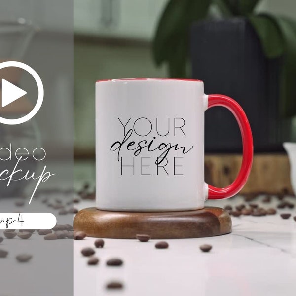 Video Mug Mockup, Two Tone Mug Mockup, Red Accent Mug, Red Video Mockup for 11oz Mug, MP4 Template for Coffee Cup, Red Handle Mug Mock, POD