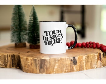 11 Unzen Becher Mockup: Weißer Keramikbecher mit schwarzem Henkel, Weihnachtsmock, Canva kompatibel, Urlaub