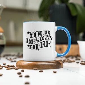 Two Tone Mug Mockup, 11 oz Two Tone Mugs Mockup, Blue Handle And Rim Mug Mockup, Blue inside Mug Mockup, Blue And White Mug Mock up, POD Mug